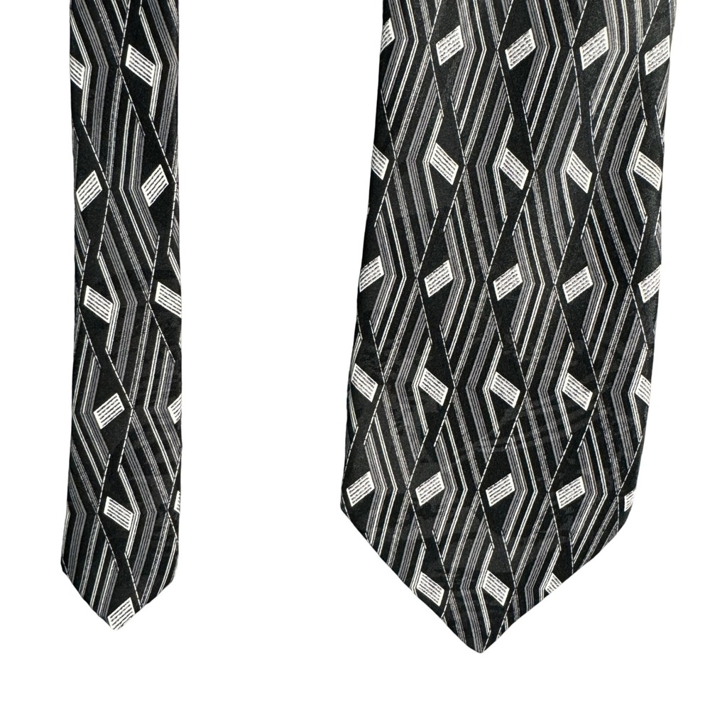 Crescent Bay Mens Geometric Diamond Chevron Necktie Black Grey White Made in USA